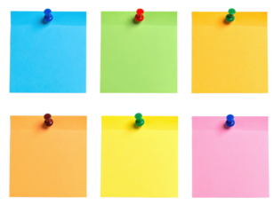 Six colorful sticky notes pinned with push pins arranged in two rows of three.