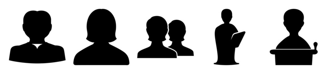Silhouette depictions of people in various positions, including speaking and standing
