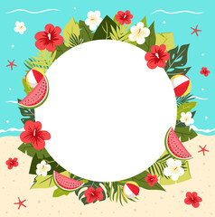 Round summer sale banner with tropical flowers, leaves, watermelon slices, and beach balls on sand and sea background. Vector template