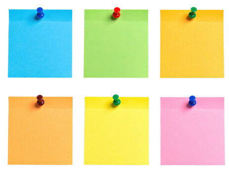 Six colorful sticky notes pinned with push pins arranged in two rows of three.