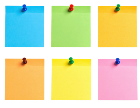Six colorful sticky notes pinned with push pins arranged in two rows of three.