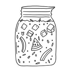 Summer glass drink cocktail watermelon. Cocktail fruit beverage juice for menu. Doodle sketch vector illustration