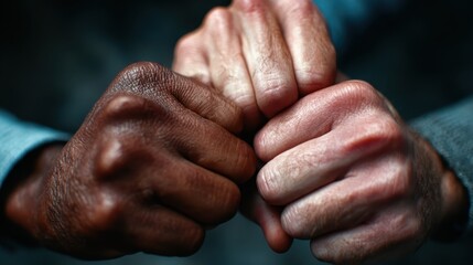 Fototapeta premium Two clenched fists of different skin tones come together, representing unity, strength, and the power of diversity in human connections and relationships across cultures.
