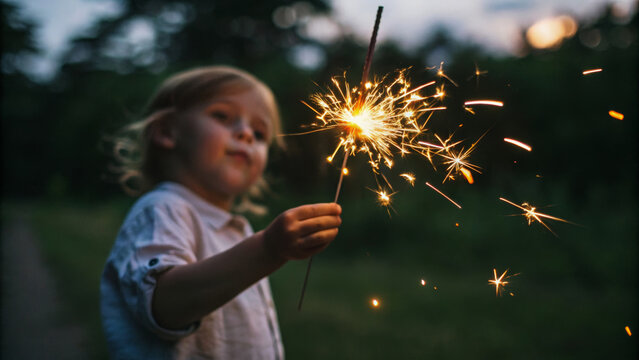 Young child holding sparkler outdoors, celebrating summer evening with joyful. Kid celebrating 4th of July, family gathering USA patriotic moment