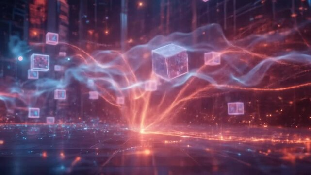 Abstract digital background with glowing data streams and floating cubes, representing the future of technology in an empty space. 4k video