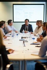 Fototapeta premium People in formal clothes sit around a long table during a business meeting in a modern office room.