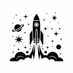 Black And White Rocket Launching Into Space Stars Planets vector