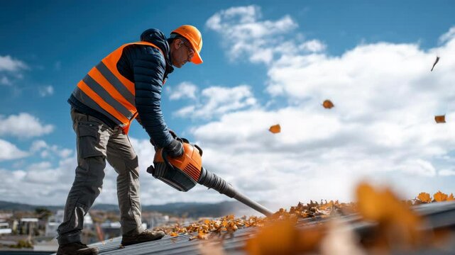 Worker Autumn Cleaning Roof with Leaf Blower, Wearing Safety Vest and Helmet, Outdoor Professional Maintenance Under Blue Sky, Using Equipment for Seasonal Construction Task and Protective Manual