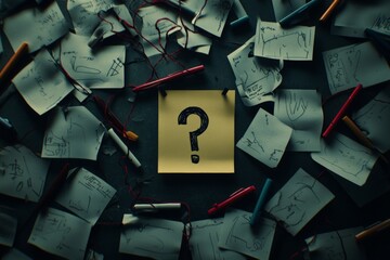 Question Mark On Notepaper Surrounded By Papers And Pens