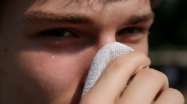 Sweaty teenager wiping his face with a towel after sport activity