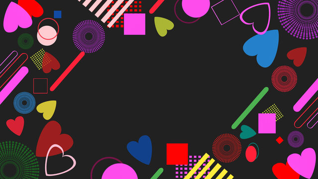 Abstract digital art illustration design background and texture with various heart square and circle shapes for wallpaper frame and invitation. Selective focus