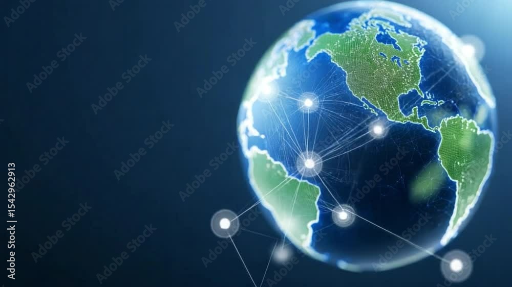 Poster Global Network Connection: A stylized image of planet earth with glowing lines connecting various points, symbolizing global connectivity and digital networks.