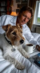 Man, dog, bedroom, morning coffee, luxury