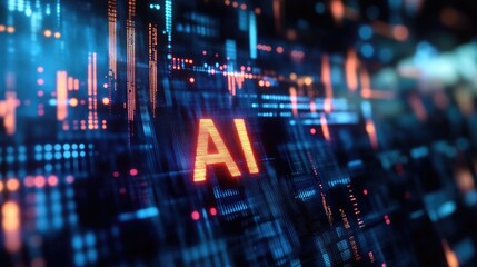 Digital AI Interface: Dynamic display showcasing the power of artificial intelligence through vibrant and technological digital grids.