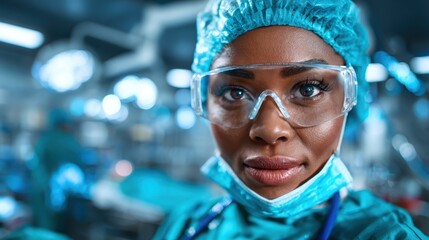 A captivating portrait of a female surgeon, fully equipped wearing scrubs and protective gear, highlighting her professionalism during a crucial moment in the operating room.