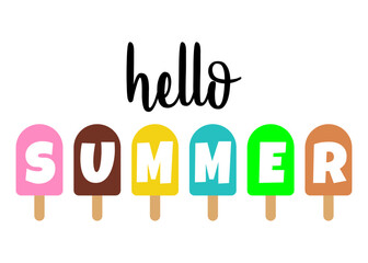 Logo popsicle. Concepto de vacaciones y viajes. Texto hello summer en helados de paleta © teracreonte