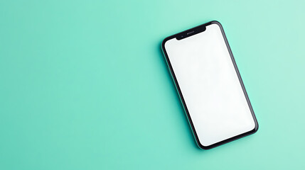 Modern Smartphone on a Flat Surface. Sleek device with white screen on minimal backdrop for presentations. Contemporary communication technology.