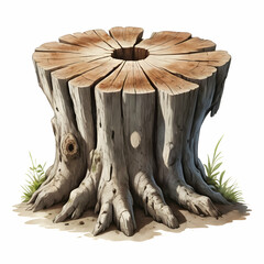 Obraz premium tree stump with rough bark texture and visible growth rings showcasing natural wood patterns and isolated on white backgroun