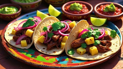 Fototapeta premium Delicious Slow-Cooked Pulled Pork Tacos with Pineapple Salsa A Flavorful Mexican Fiesta