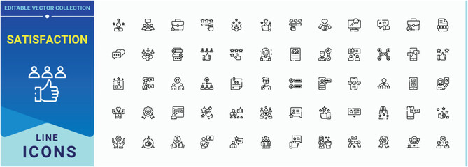 Satisfaction icon set. Testimonial icon collection. Thin linear style icons. Pack of testimonial, like, comment, feedback and more. Vector collections.