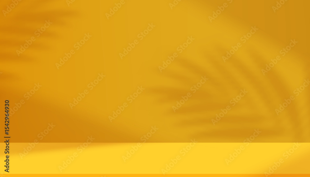 Aufkleber yellow background with light,shadow palm leaf on 3d podium display for summer product design banner,