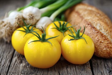 Yellow tomatoes with garlic and bread, Fresh tomatoes on rustic wood, Healthy organic food ingredients