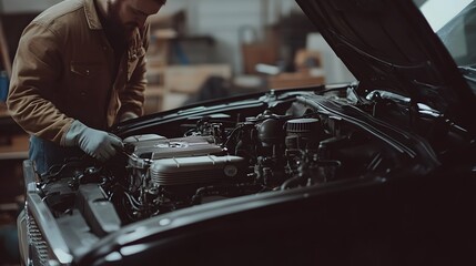 A mechanic inspecting the engine of a car