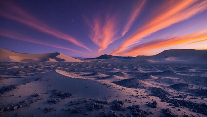 Desert Sand Dunes at Twilight with Vibrant Clouds and Distant Mountain