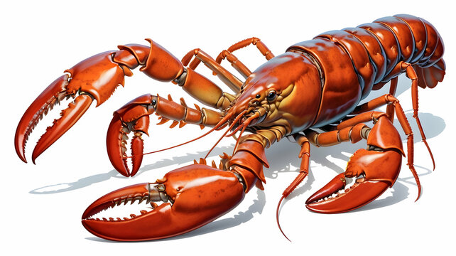 a freshly cooked red lobster with visible claws, textured shell, and curled tail displayed in full detail isolated on white background