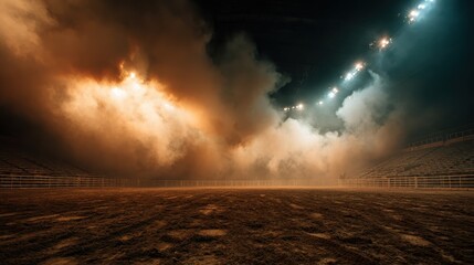 An eerie arena filled with swirling, colorful smoke creates a dramatic atmosphere, shrouding the space in mystery while highlighting the anticipation of an events unfolding.