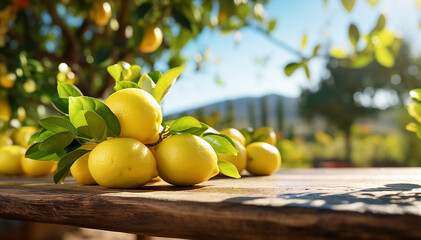 Yellow lemons on wood table in garden background. Closeup citrus fruits in green tropical nature. Organic lemon food with vitamins and healthy tropic juicy fruit. Banner. Copy space