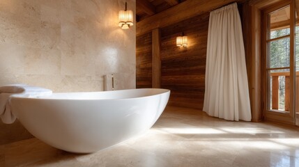 A spacious and elegant bathtub set in a cozy wooden bathroom, combining modern luxury with natural elements to create an inviting spa-like atmosphere.