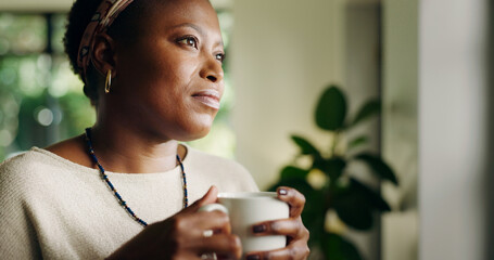Thinking, tea and black woman in home for relax, peace or calm with serious mindset on weekend. Coffee mug, thoughts and female person at house for vision, wonder or reflection of decision in lounge