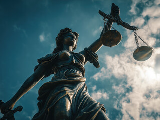 Low-angle shot of a bronze Lady Justice statue holding balanced scales and a sword
