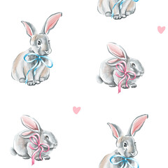 Cute bunny seamless pattern. Watercolor illustration