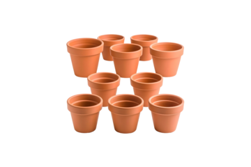 Ten small terracotta pots for plants gardening red old on transparent background