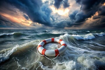 Naklejka premium A life preserver is floating in the ocean