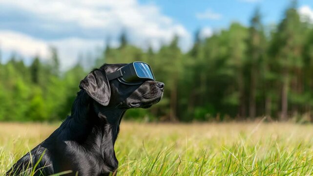 International dog day. A black dog wearing virtual reality goggles sits in a grassy field with a forest and blue sky in the background.
