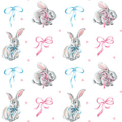 Cute bunny seamless pattern. Watercolor illustration