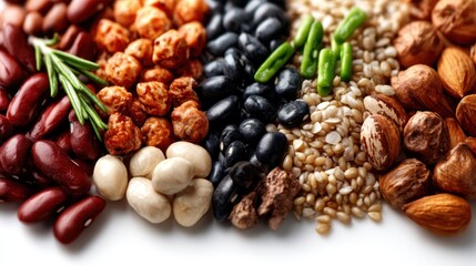 An artistic arrangement of various nuts and seeds showcases their colors and textures, illustrating the beauty and diversity of nature's edible treasures.