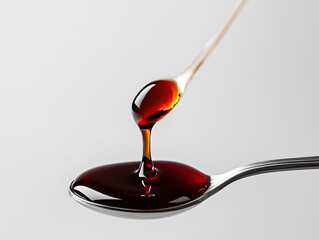 cough syrup in a spoon on a white background