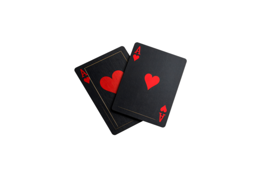 Two black ace of hearts playing cards on red game dark on transparent background