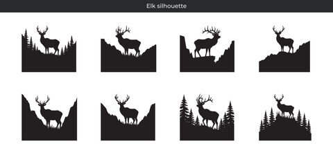 Elegant elk silhouette designs depicting nature and wilderness scenes in black and white