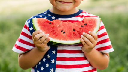 Child watermelon American flag shirt summer outdoor smiling patriotic USA. Kid celebrating 4th of July, family gathering USA patriotic moment