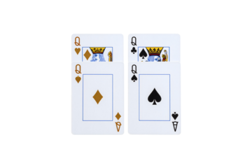 Two queens playing cards diamond spade close up view on transparent background