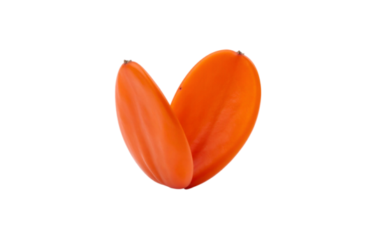 Two halves of a ripe orange persimmon fruit red cut on transparent background