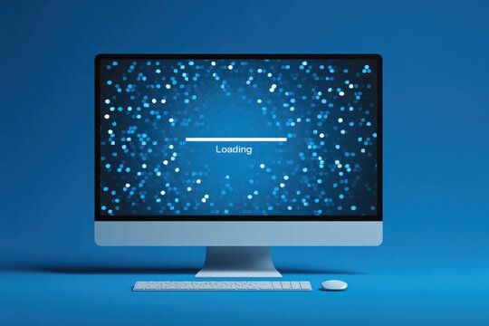 Bright blue screen with loading animation, showcasing retro digi