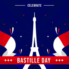 Bastille Day template greetings. France flag background perfect for Bastille Day celebration on July 14. Happy Bastille Day social media post with minimalist and flat design on dark blue background