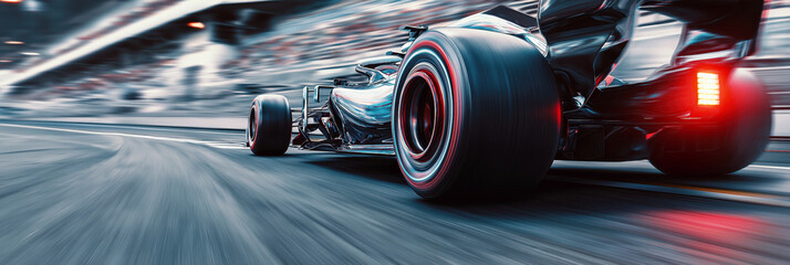 rear wheel of black sports car formula one racing on track close-up