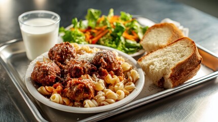 A tantalizing meal featuring meatballs on a bed of pasta, accompanied by a fresh salad and bread, perfect for a satisfying dining experience and culinary delight.